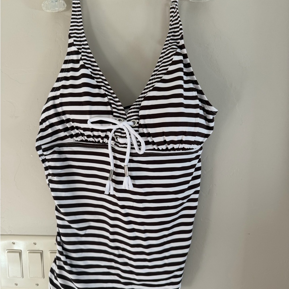 Tommy Bahama Brown and White Striped Swim Top with Front Tie